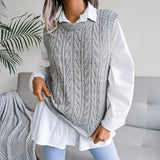 Rundhalsausschnitt, ausgehöhlter Ausschnitt, Blätter, lässiger Strickwestenpullover für Damen