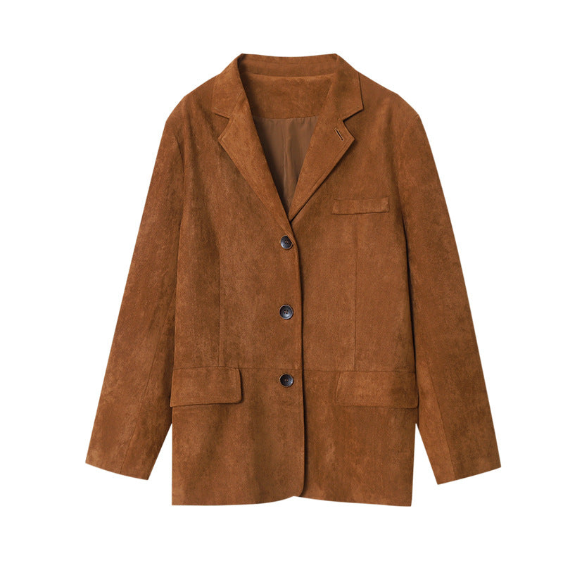 Mid-Length Suede Loose Blazer in Brown