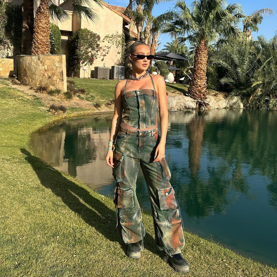 Gradient Halter Lace-Up Streetwear Set