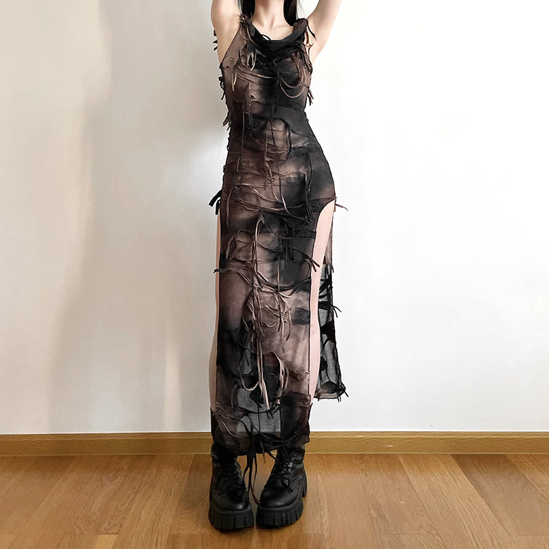 Slim Fit Sleeveless Fringe Split Dress – U-Neck Street Style