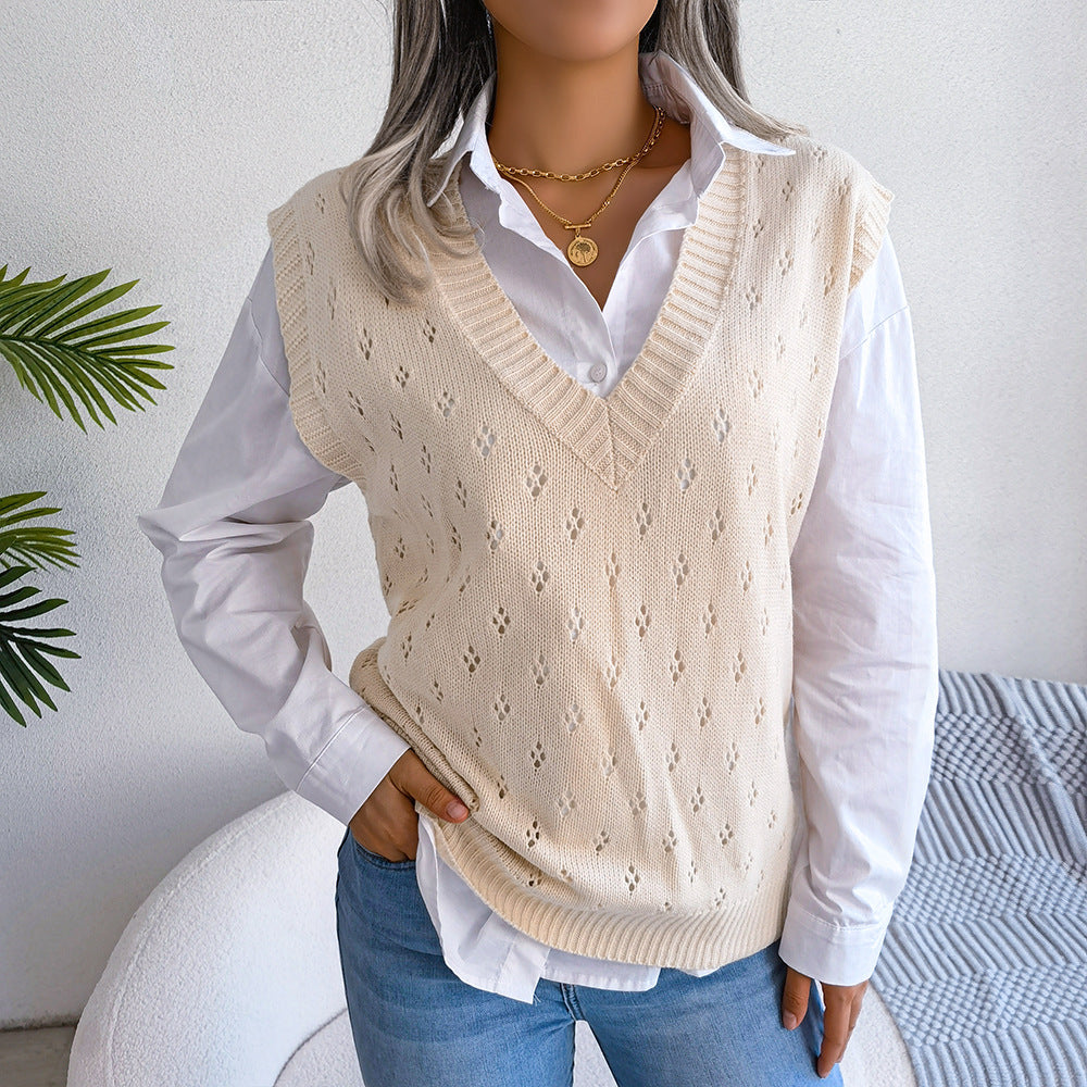 Lässiger Strickwestenpullover mit ausgehöhlten Ausschnitten und V-Ausschnitt für Damen