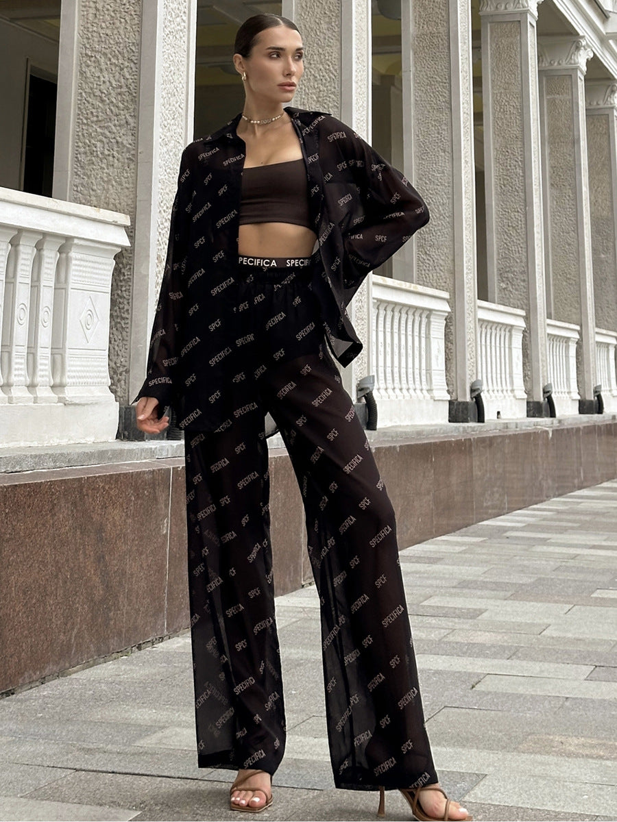 Printed Chiffon Trousers & Sunscreen Shirt Women’s Two-Piece Set