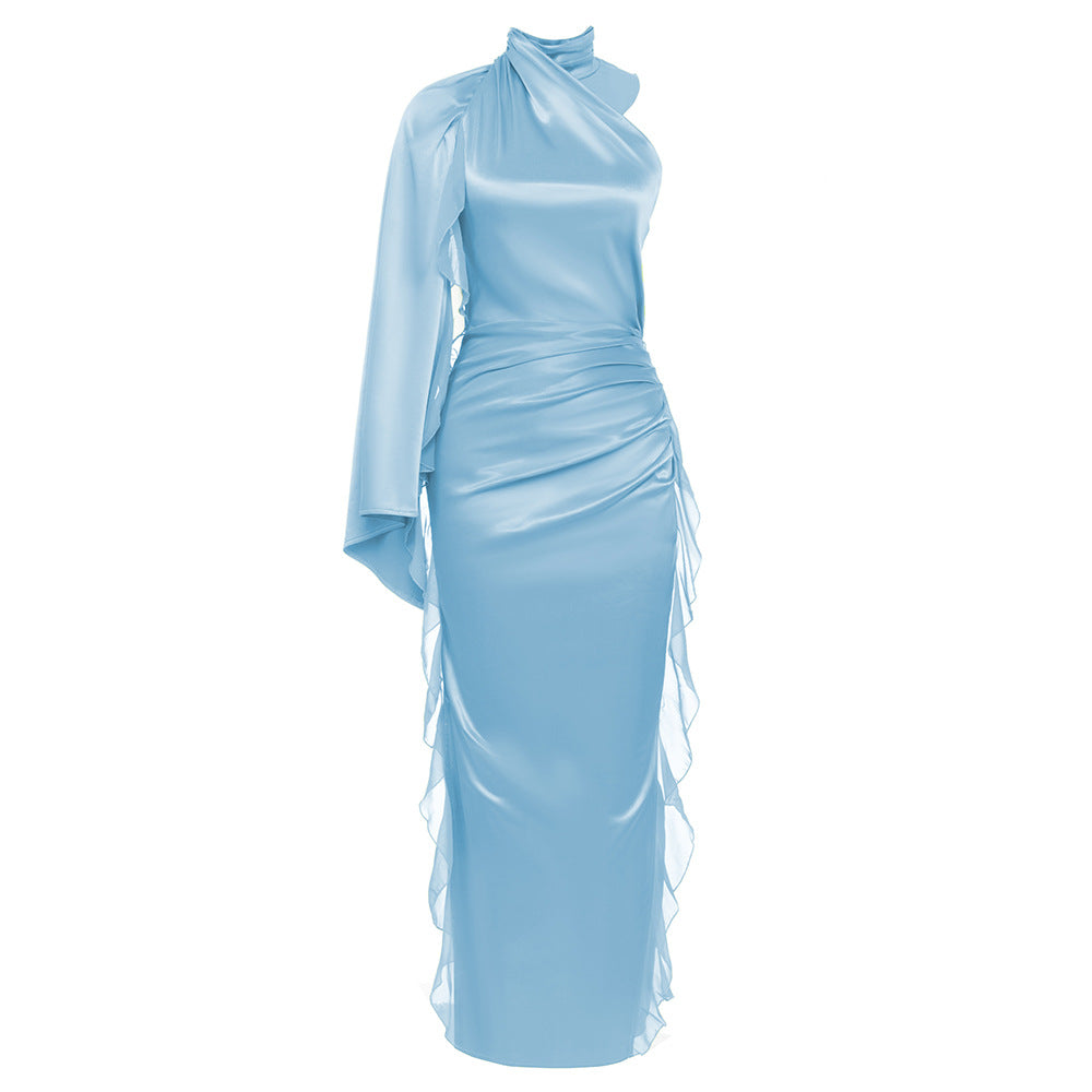 Sexy One-Shoulder-Dinnerparty-Kleid mit langen Ärmeln und seitlichem Schlitz aus Spitze