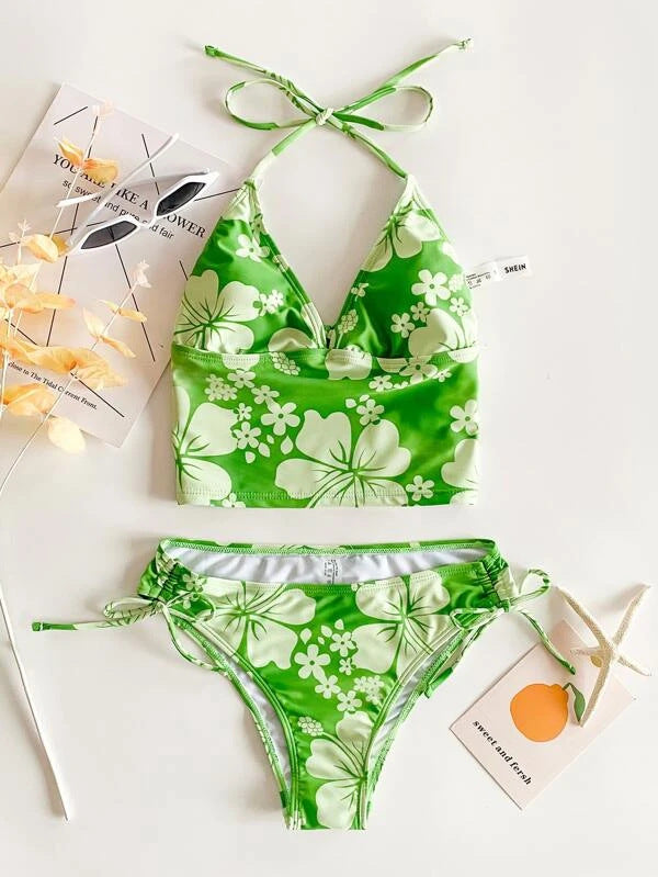 Sexy Bikini-Set mit Blumen-Ausschnitt und hoher Taille