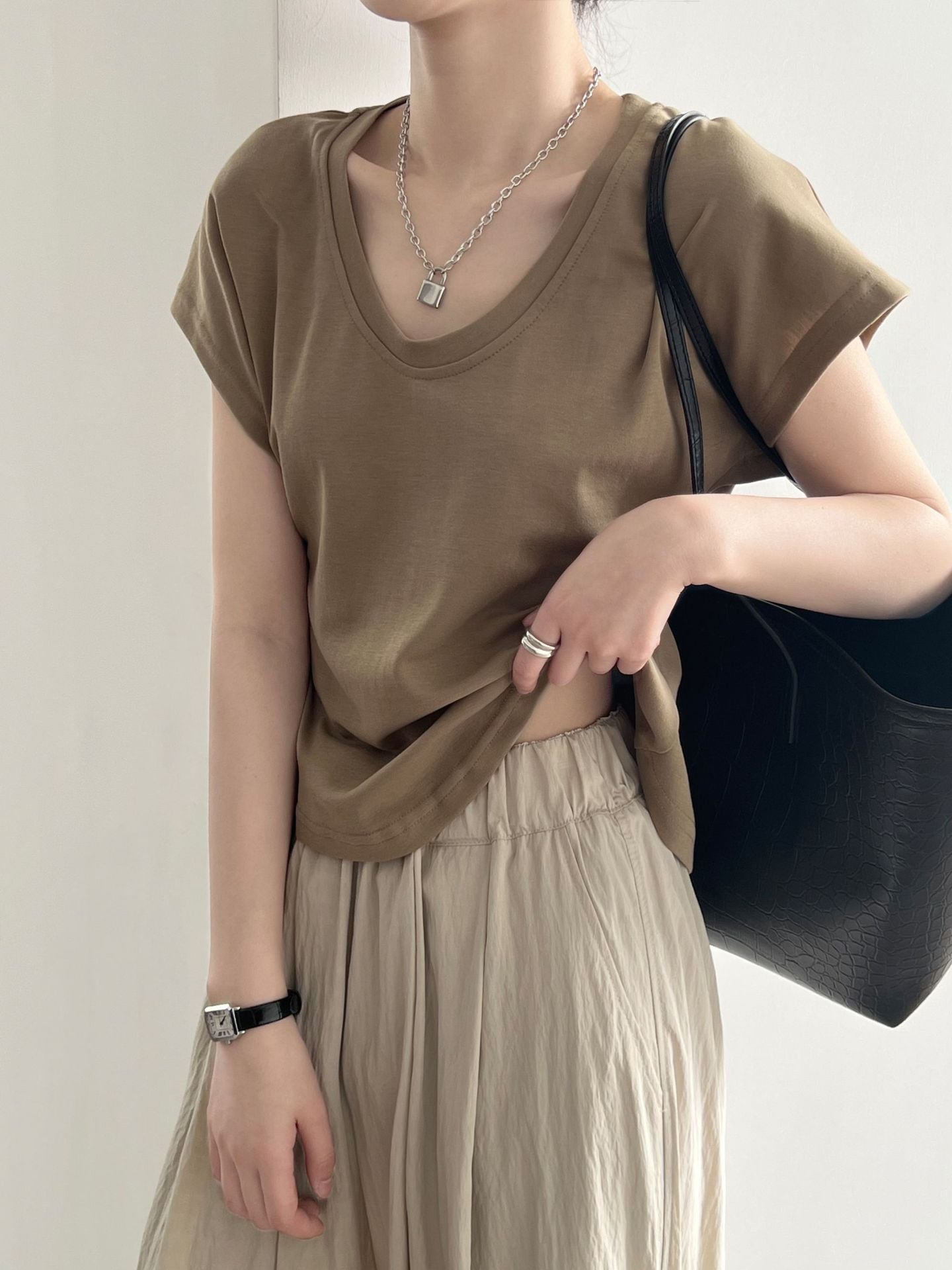 3D U-Neck Short Sleeve Wide-Sleeve Slimming T-Shirt for Women