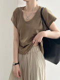 3D U-Neck Short Sleeve Wide-Sleeve Slimming T-Shirt for Women