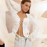 White Cutout Lace-Up Long Sleeve Cardigan for Women