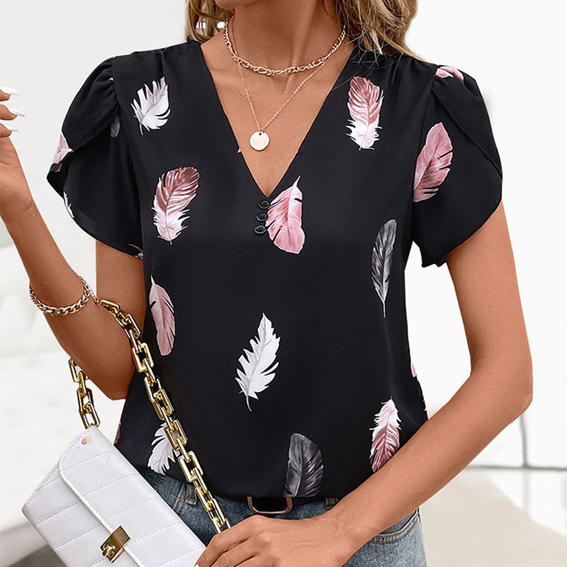 V-neck Puff Sleeve Feather Printed Shirt for Women