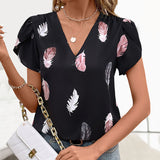V-neck Puff Sleeve Feather Printed Shirt for Women