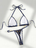 Maillot de bain bikini à bretelles en T motif léopard perlé