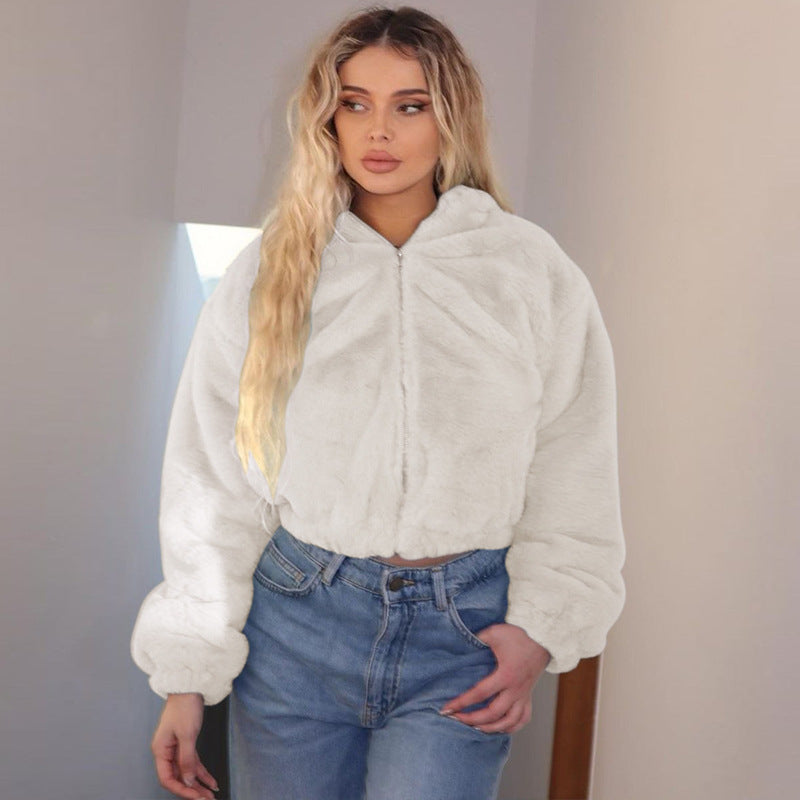 Plüsch-Strickjacke mit Kapuze und Reißverschluss für Damen