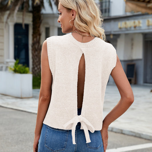 Sommer Damen Weste Gestrickt Rückenschlitz Pullover Top