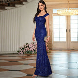Solid Color U-Collar Sequined High Waist Fishtail Maxi Evening Dress