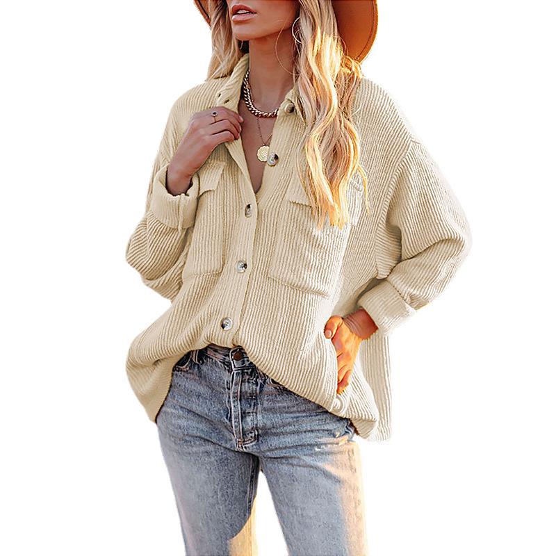 Women’s Solid Color Loose Corduroy Long Sleeve Cardigan with Pockets