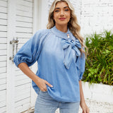 Retro Lace-Up Denim Bow Shirt Top