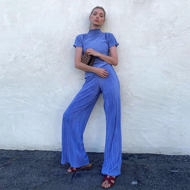 High Waist Blue Wide Leg Pants Suit