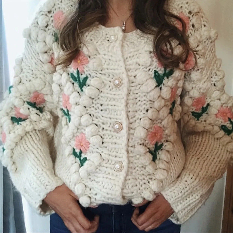 Handgemachte gehäkelte Stickerei Twist Perle Schnalle gestrickte Pullover Strickjacke Mantel