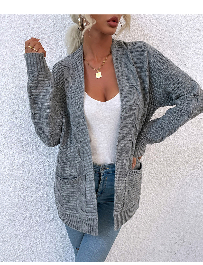 Twist Pocket Mid-Length Knitted Cardigan Coat