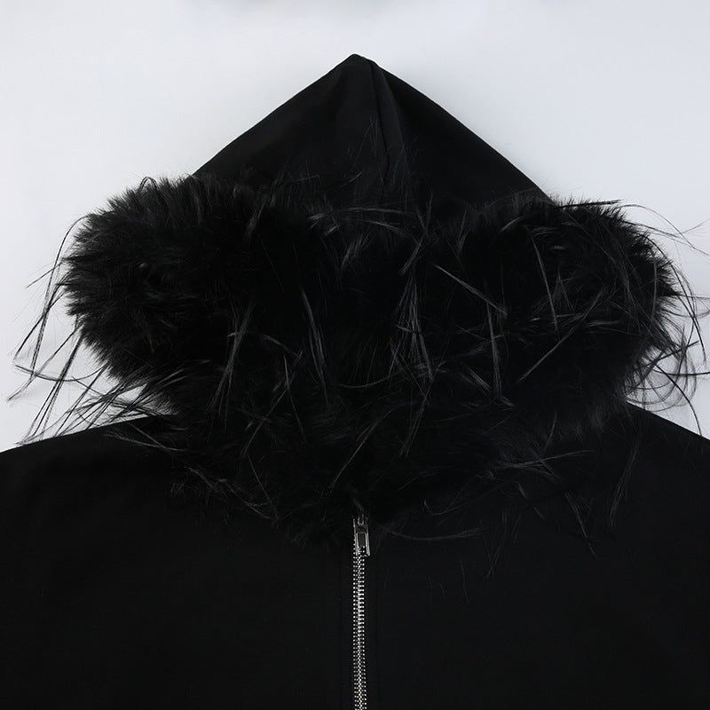 Schwarzer Reißverschluss Split Bedrucktes Plüsch-Kapuzenpullover - High Street BF Lockerer warmer Mantel
