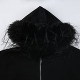Schwarzer Reißverschluss Split Bedrucktes Plüsch-Kapuzenpullover - High Street BF Lockerer warmer Mantel
