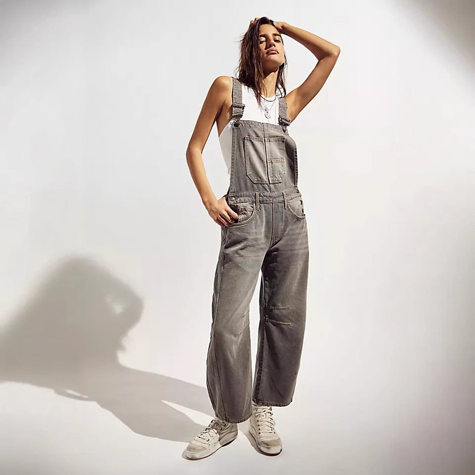 Vintage Washed Loose Cargo Suspender Jeans