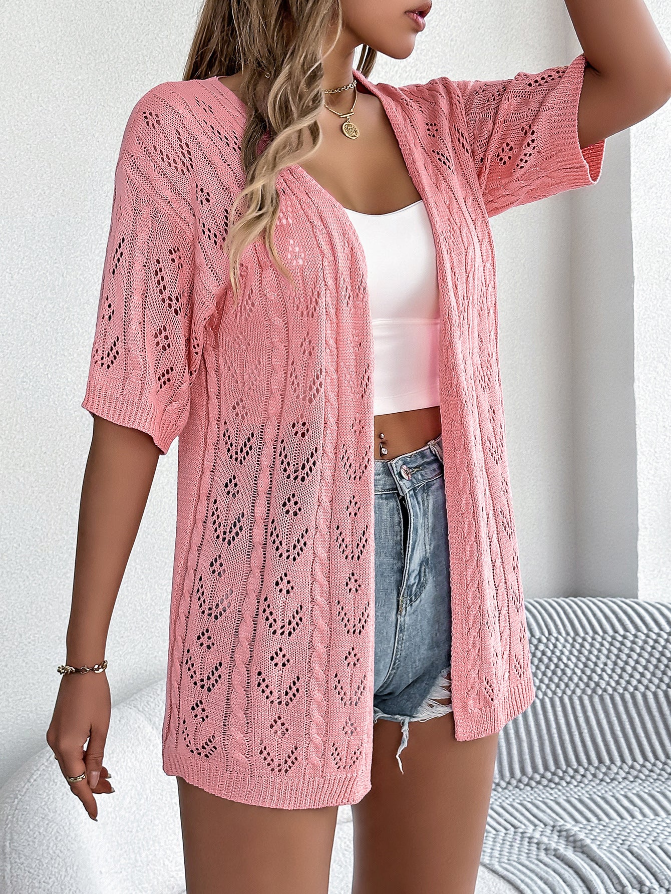 Cardigan tricoté à manches courtes et découpes HollowOut