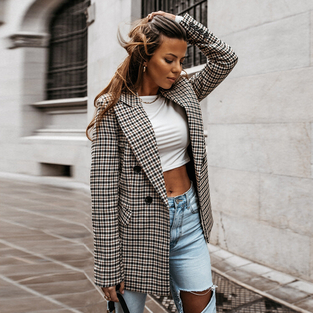 Plaid Double Breasted Slim Fit Blazer