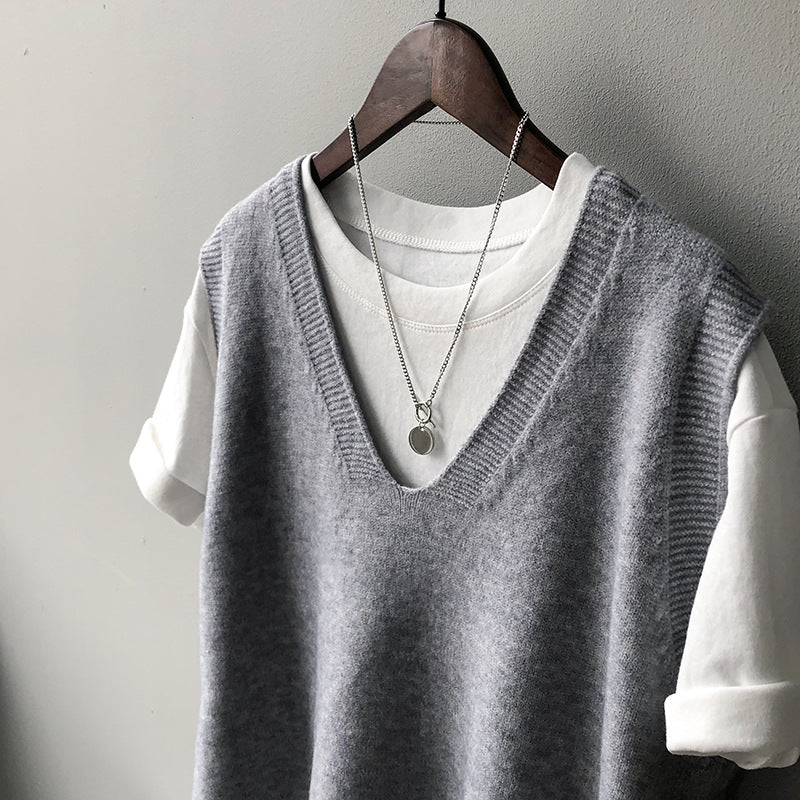 Frühlings-Preppy-V-Ausschnitt, lockere, ärmellose Strickweste für Damen