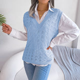 Einfarbiger, ausgehöhlter, Ausschnitt, gewellter Strickwestenpullover mit V-Ausschnitt für Damen