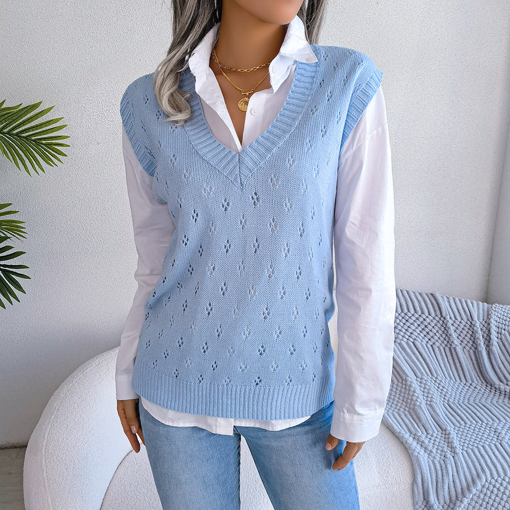 Lässiger Strickwestenpullover mit ausgehöhlten Ausschnitten und V-Ausschnitt für Damen