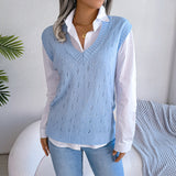 Lässiger Strickwestenpullover mit ausgehöhlten Ausschnitten und V-Ausschnitt für Damen