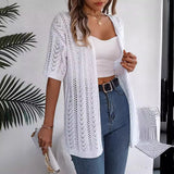 Cardigan tricoté à manches courtes et découpes ajourées pour femme