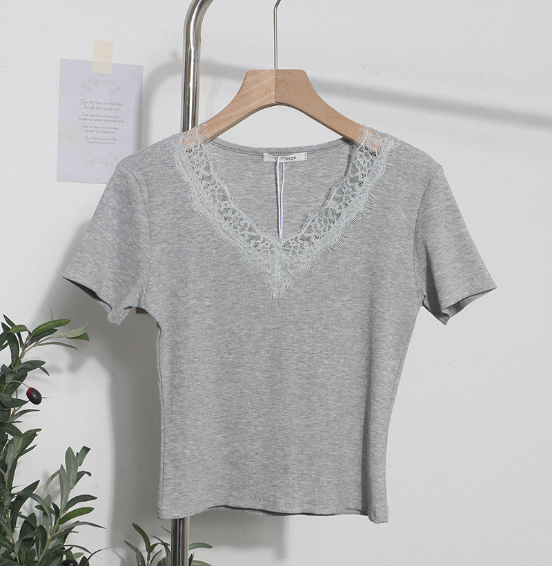 Romantic Lace V-Neck Sexy Slim Fit Short Sleeve Top