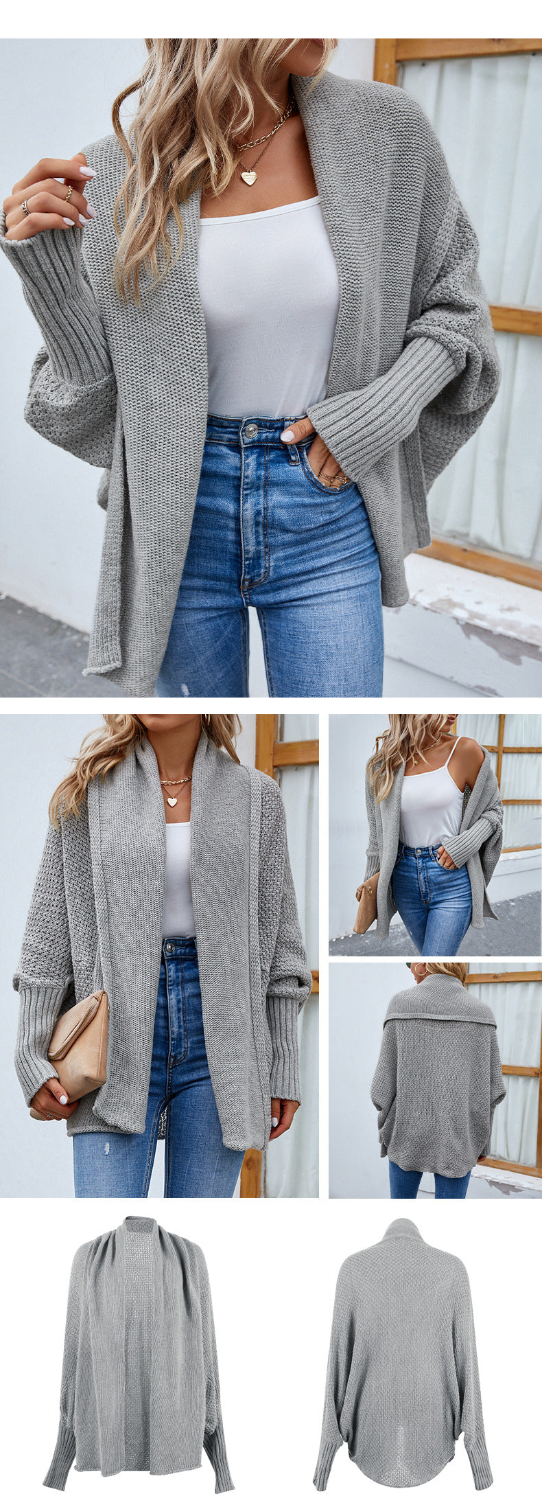 Damen Strickjacke mit einfarbigen Fledermausärmeln