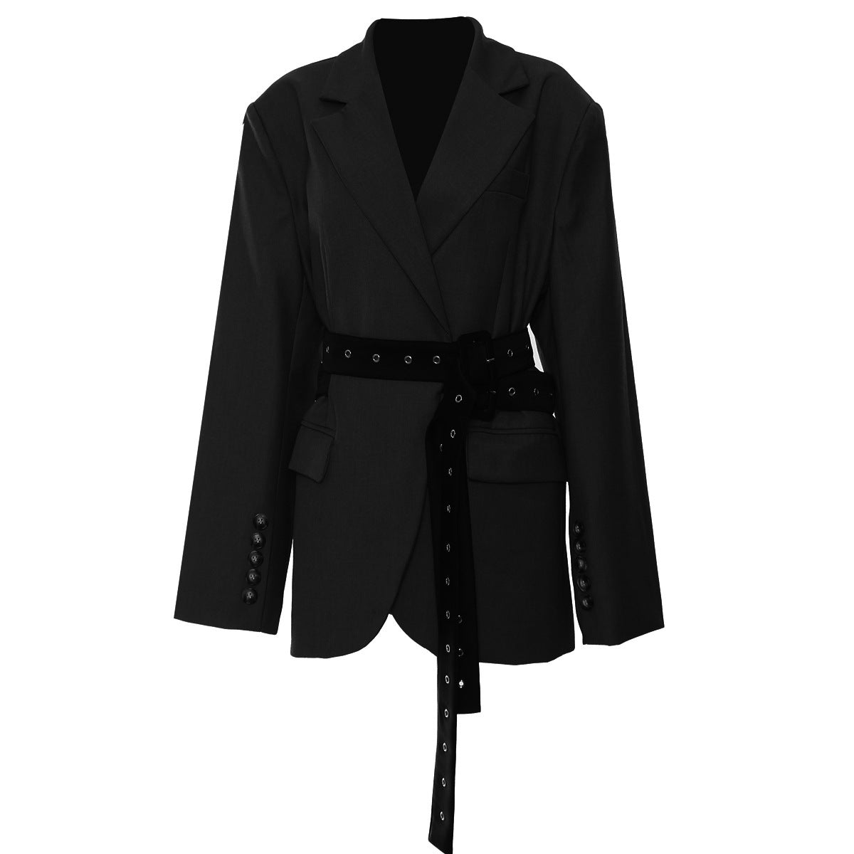 Double Belt Asymmetric Long Blazer Top