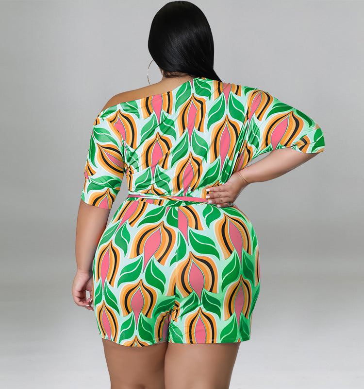 Plus Size Summer Cross Shoulder Printed Romper with Belt