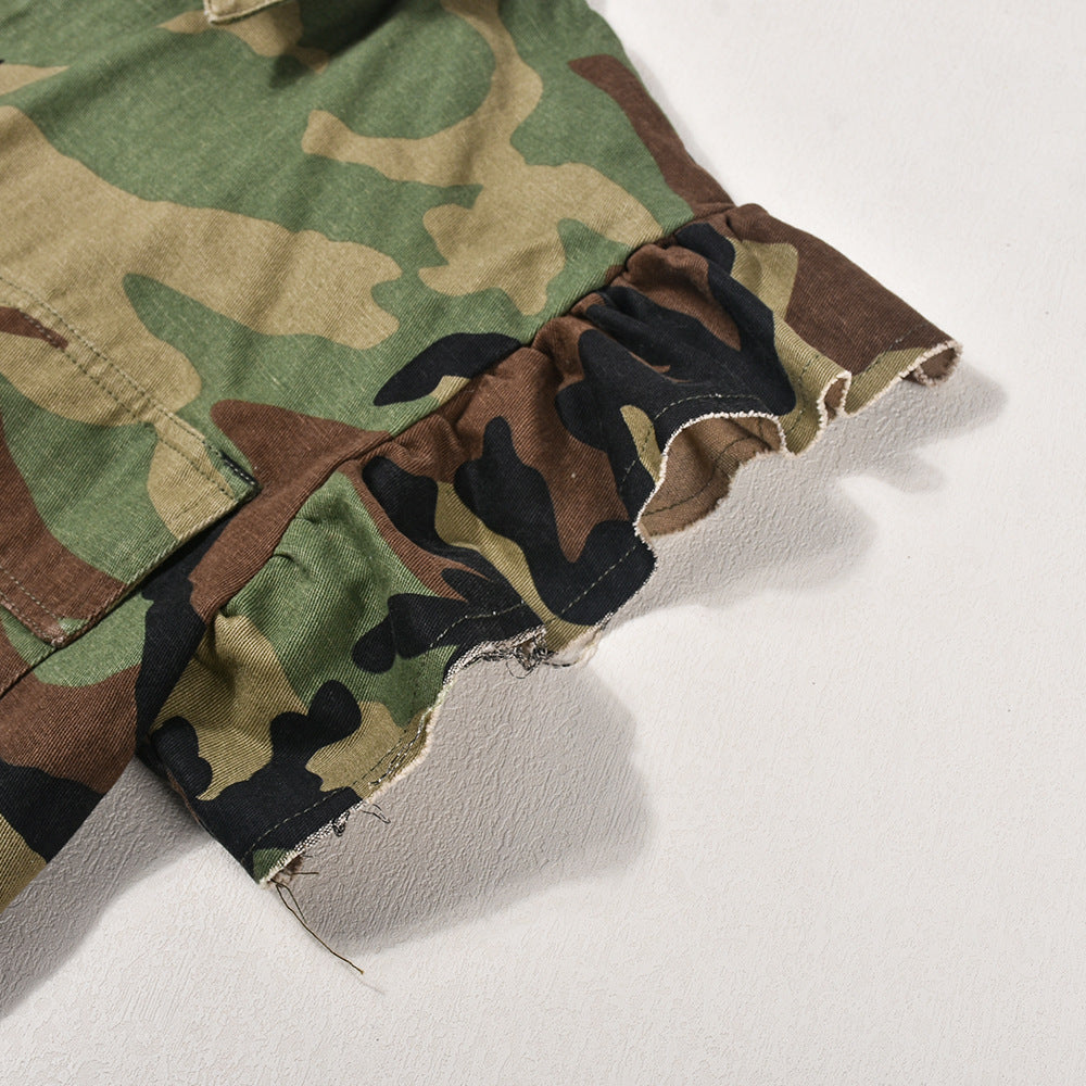 Camouflage Flounce Sleeve Pocket Short Sleeve Cardigan for Women