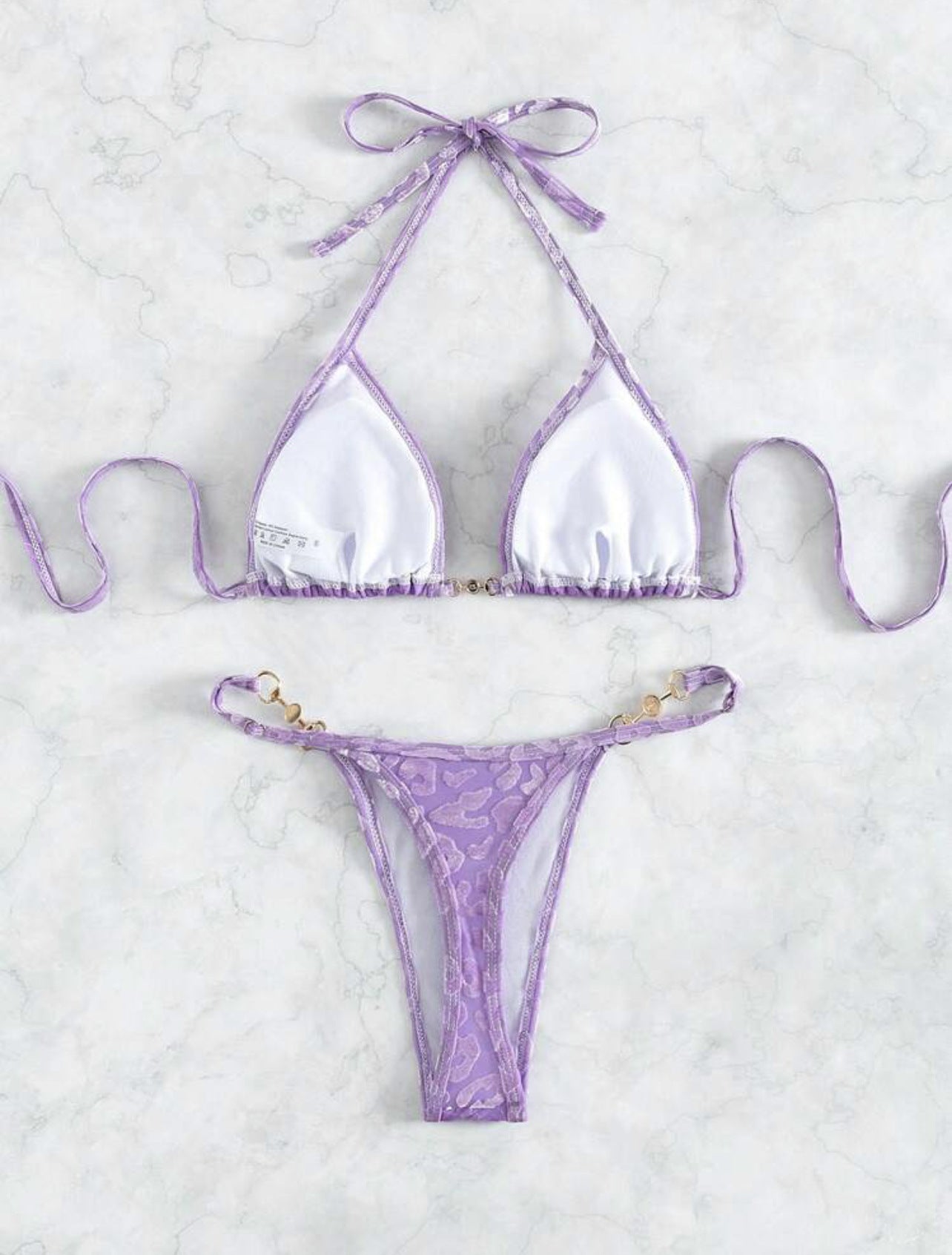Maillot de bain bikini à bretelles en T motif léopard perlé