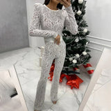 Sexy Lace Stitching Long Sleeve Round Neck Jumpsuit