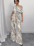 Striped Oblique Shoulder Strap Jumpsuit & Wide Leg Trousers for Summer