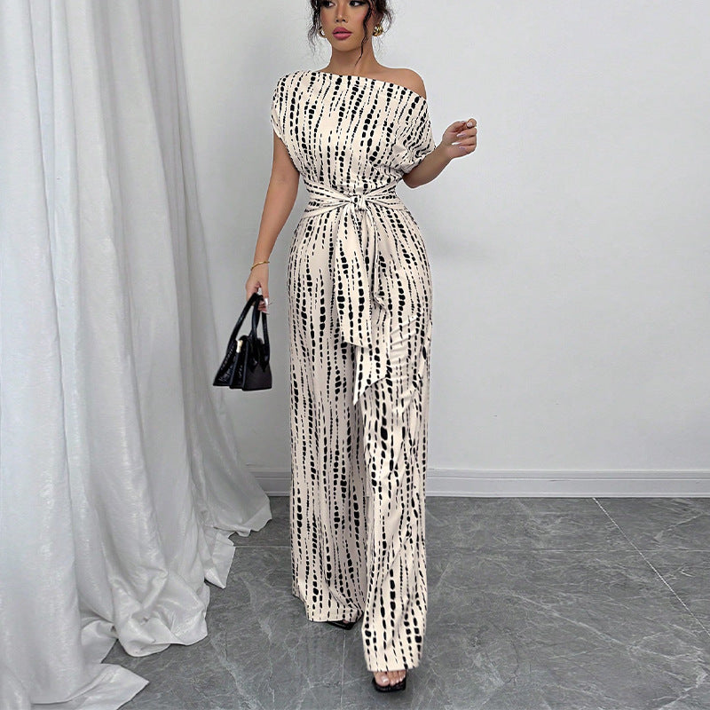 Striped Oblique Shoulder Strap Jumpsuit & Wide Leg Trousers for Summer