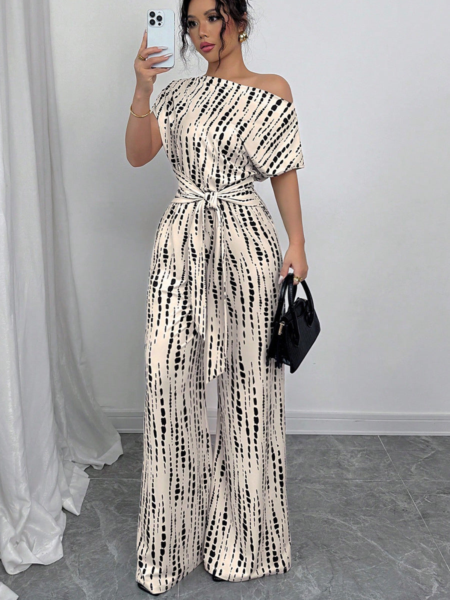 Striped Oblique Shoulder Strap Jumpsuit & Wide Leg Trousers for Summer