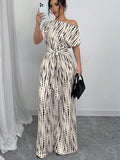 Striped Oblique Shoulder Strap Jumpsuit & Wide Leg Trousers for Summer